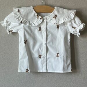 Bear Leader Embroidered‎ Teddy Bear Blouse Ruffle Collar Short Sleeve Top 2Y